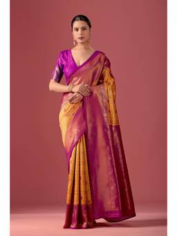 Nyri - Women Yellow Silk Blend Jacquard Kanjivaram Saree with Contrast Pallu & Woven Border