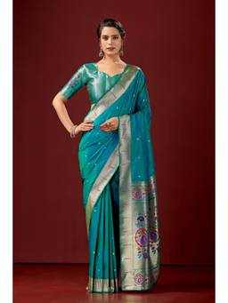 Nyri - Women Turquoise Silk Paithani Saree with Traditional Woven Border & Pallu