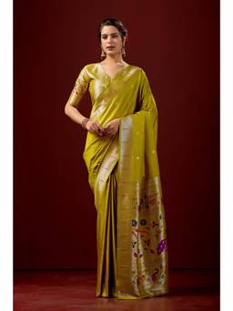Nyri - Women Lemon Yellow Silk Paithani Saree with Traditional Woven Border & Pallu