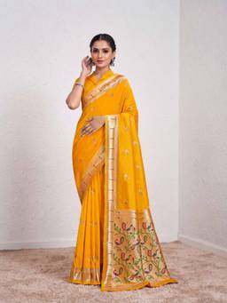 Nyri - Women Yellow Silk Paithani Saree with Traditional Woven Border & Pallu