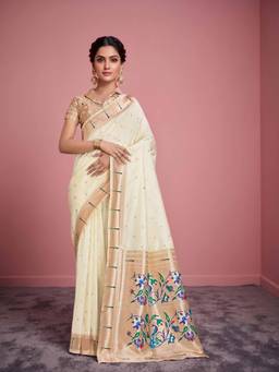 Nyri - Women White Silk Paithani Saree with Traditional Woven Border & Pallu