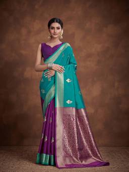 Nyri - Women Multicolor Silk Blend Jacquard Banarasi Saree with Woven Border & Elegant Pallu