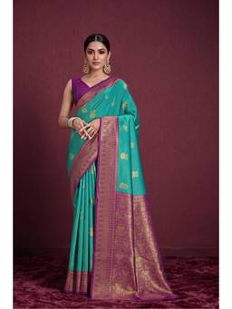 Nyri - Women Rama Silk Blend Jacquard Kanjivaram Saree with Contrast Pallu & Woven Border