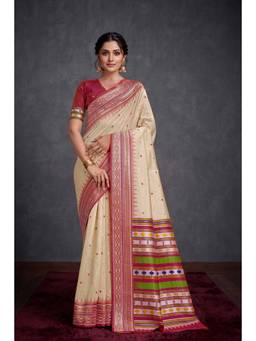 Nyri - Women Off-White and Maroon Silk Cotton Bomkai Silk Saree