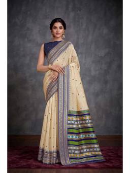 Nyri - Women Off-White and Dark Blue Silk Cotton Bomkai Silk Saree