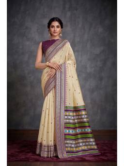 Nyri - Women Off-White and Purple Silk Cotton Bomkai Silk Saree