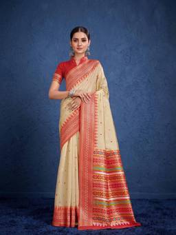 Nyri - Women Off-White and Red Silk Cotton Bomkai Silk Saree with Traditional Woven Border & Pallu