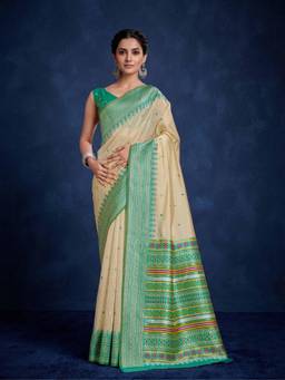 Nyri - Women Off-White and Light Green Silk Cotton Bomkai Silk Saree