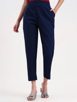 Yufta - Navy Blue Woven Cotton Flex Pant