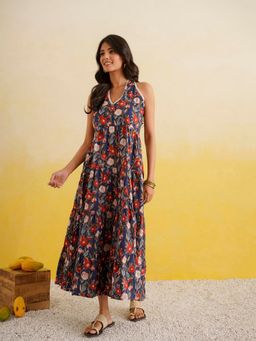 GOODHAND - Blue Cotton Printed Halter Dress