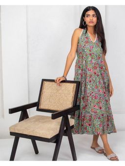 GOODHAND - Green Cotton Printed Halter Dress