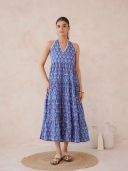 GOODHAND - Navy Blue Cotton Printed Halter Dress