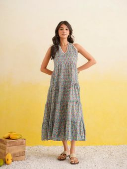 GOODHAND - Turquoise Cotton Printed Halter Dress