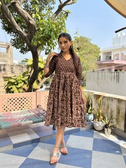 GOODHAND - Brown Cotton Printed Kantha Dress