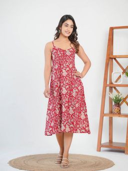 GOODHAND - Red Cotton Printed Sweetheart Dress