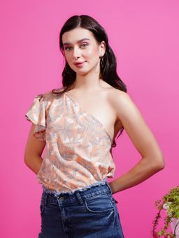 BOHOLYFE - Women Floral Fantasy One-Shoulder Peach Top with Belt
