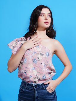 BOHOLYFE - Women Pink Floral One-Shoulder Beauty Top with Belt