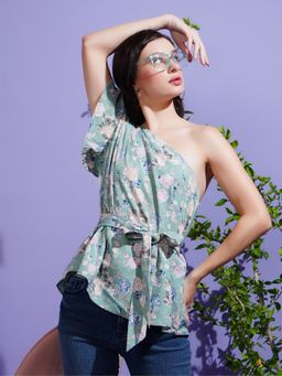 BOHOLYFE - Women Floral Glow One-Shoulder Green Top with Belt