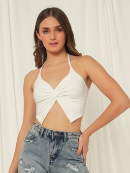 Tandul - Women Lycra White Solid Halter Neck Crop Top