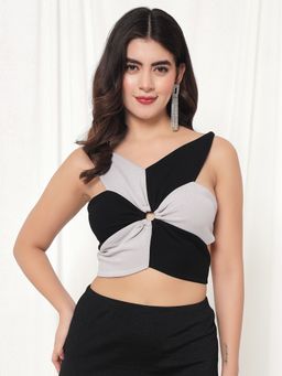 Tandul - Women Polyester Black Colorblock V-Neck Crop Top