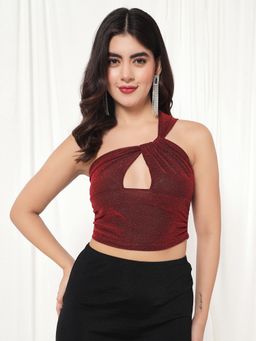Tandul - Women Polyester Maroon Self Design One Shoulder Crop Top
