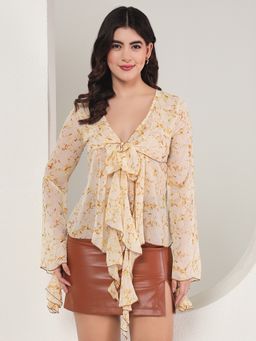 Tandul - Women Poly Georgette Beige Printed V-Neck Top