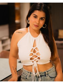 Tandul - Women Polyester White Solid Halter Neck Crop Top