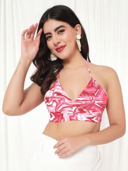 Tandul - Women Polyester Pink Printed Halter Neck Crop Top