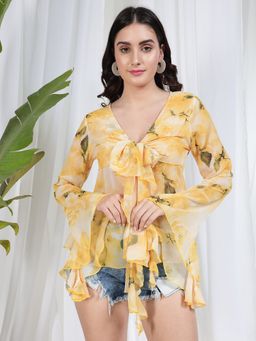 Tandul - Women Lycra Yellow Floral V-Neck Top
