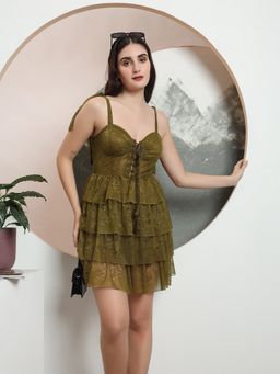Tandul - Women Elegant Green Ruffled Fit and Flare Dress