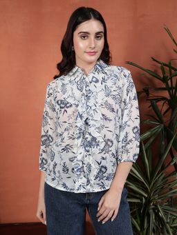 Tandul - Women Poly Georgette White Floral Collar Neck Top