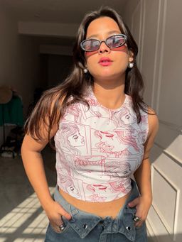 Tandul - Women Lycra White Printed Round Neck Crop Top