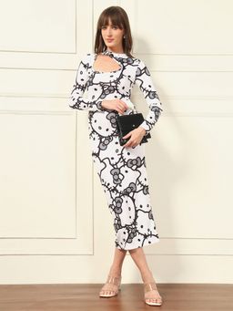 Tandul - White Kitty Printed Bodycon Dress