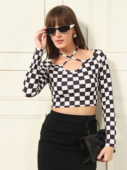 Tandul - Women Lycra Black Checks Halter Neck Crop Top