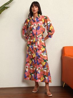 Tandul - Multicolor Floral Printed A-Line Dress with Belt