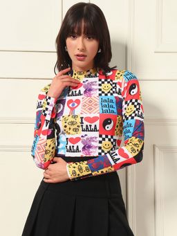 Tandul - Women Lycra Multi-Color Printed High Neck Crop Top