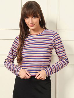 Tandul - Women Lycra Multi-Color Stripes Round Neck Crop Top