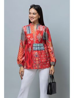 PURYS - Women Cinched Waist Red Rayon Top