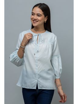 PURYS - Women Blue Pintuck Linen Top