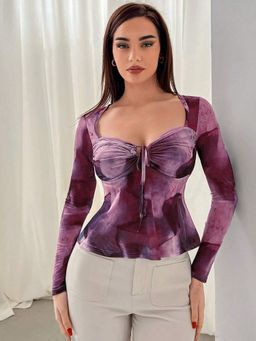 Tandul - Women Lycra Wine Abstract Sweetheart Neck Top
