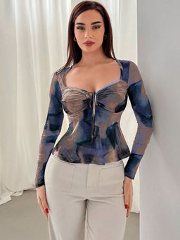 Tandul - Women Lycra Blue Abstract Sweetheart Neck Top