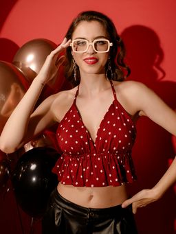 Tandul - Women Crepe Maroon Polka Dots Halter Neck Crop Top