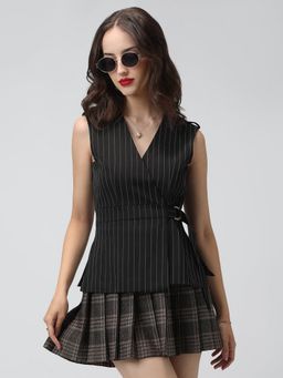SHOWOFF - Women Striped Black Sleeveless Blazer