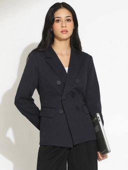 SHOWOFF - Women Navy Blue Double-Breasted Shoulder Pads Blazer