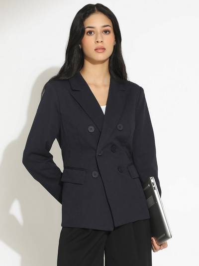 Women Navy Blue Double-Breasted Shoulder Pads Blazer