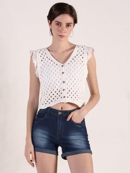 SHOWOFF - Women Crochet White Sleeveless Fitted Crop Top with Ruffled Hem Detail