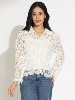 SHOWOFF - Women Floral White Semi Sheer Top with Spaghetti