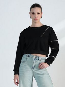 SHOWOFF - Women Black Crop Top with Zipper Detail
