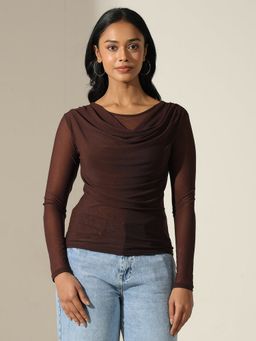 SHOWOFF - Women Sheer Brown Drape-Neck Mesh Top