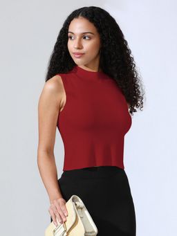 SHOWOFF - Women Red Ribbed Sleeveless Crop Top
